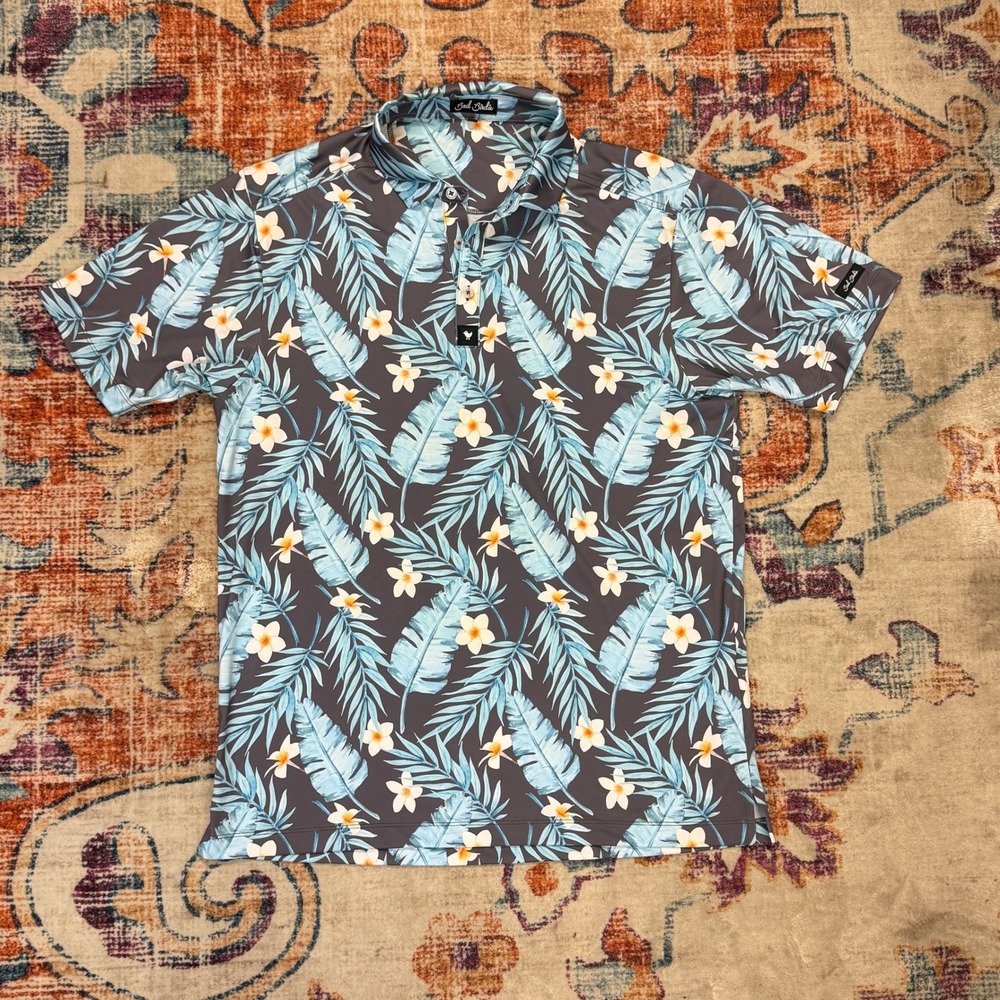 Bad Birdie Mens Large Tropical‎ Mahalol Golf Polo Shirt Grey Blue Short Sleeve